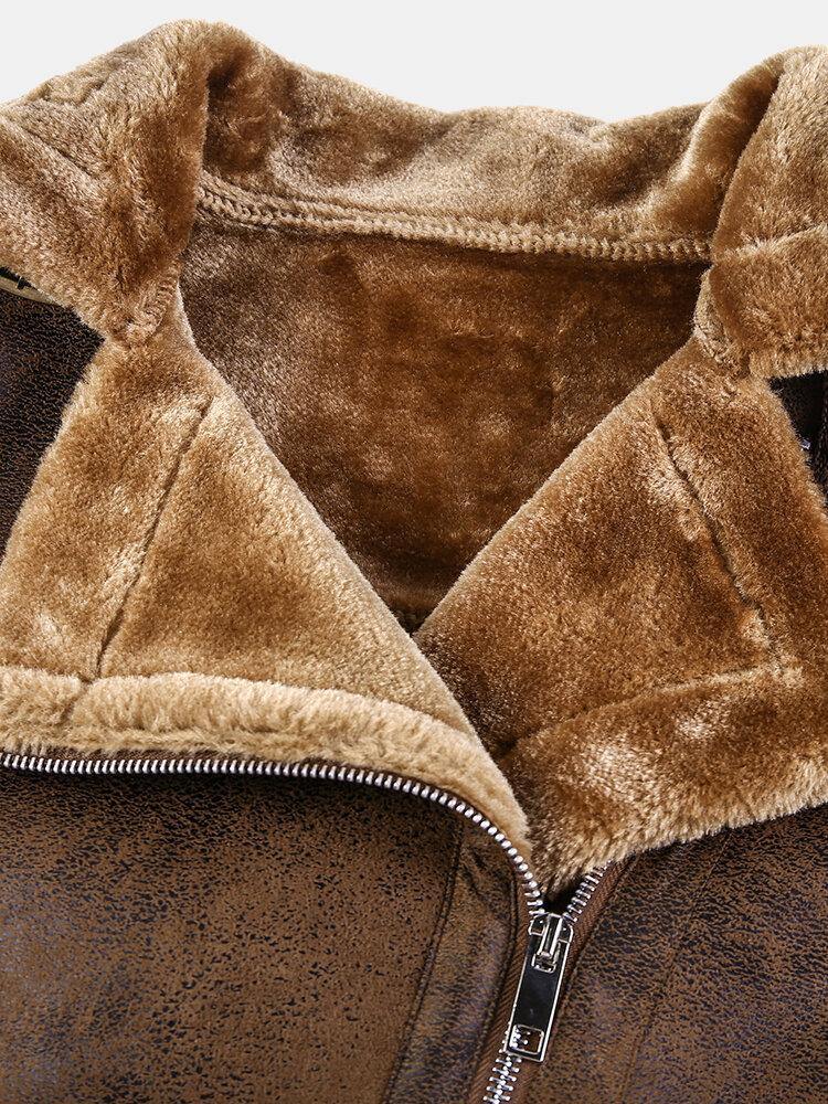 Mens Asymmetric Zipper Faux Fur Thicken Lapel Collar Casual Jacket - Trendha