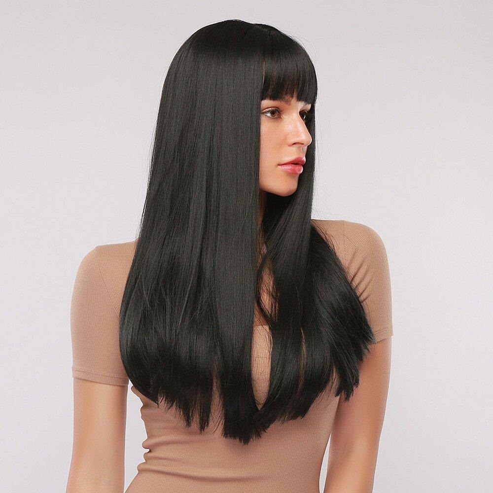 28 Inch Black Long Straight Hair Soft Natural Bangs Chemical Fiber Wig - Trendha