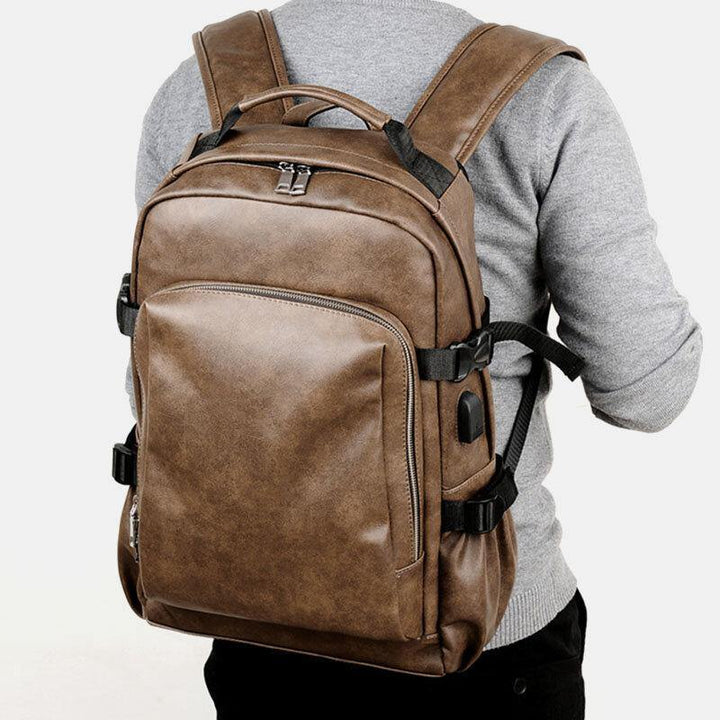 Men PU Leather USB Charging Business Casual Waterproof 14 Inch Laptop Bag Student School Bag Adjustable Backpack - Trendha