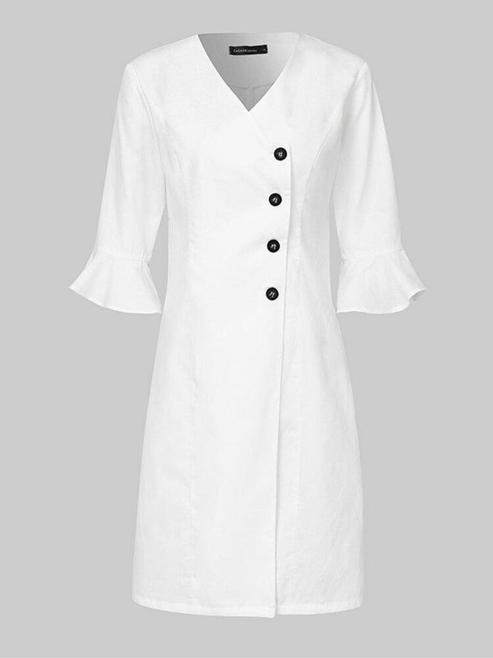 V-neck Oblique Placket Design Bell Sleeve Casual Dress - Trendha