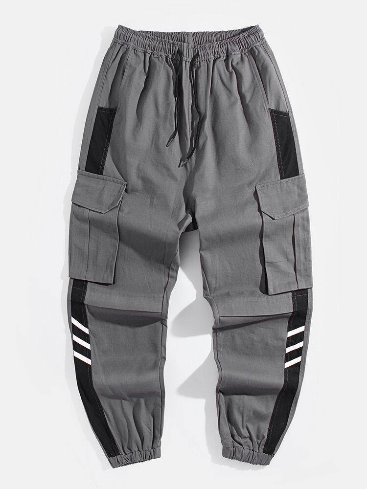 Mens Side Striped Patchwork Cotton Drawstring Cuffed Cargo Jogger Pants - Trendha