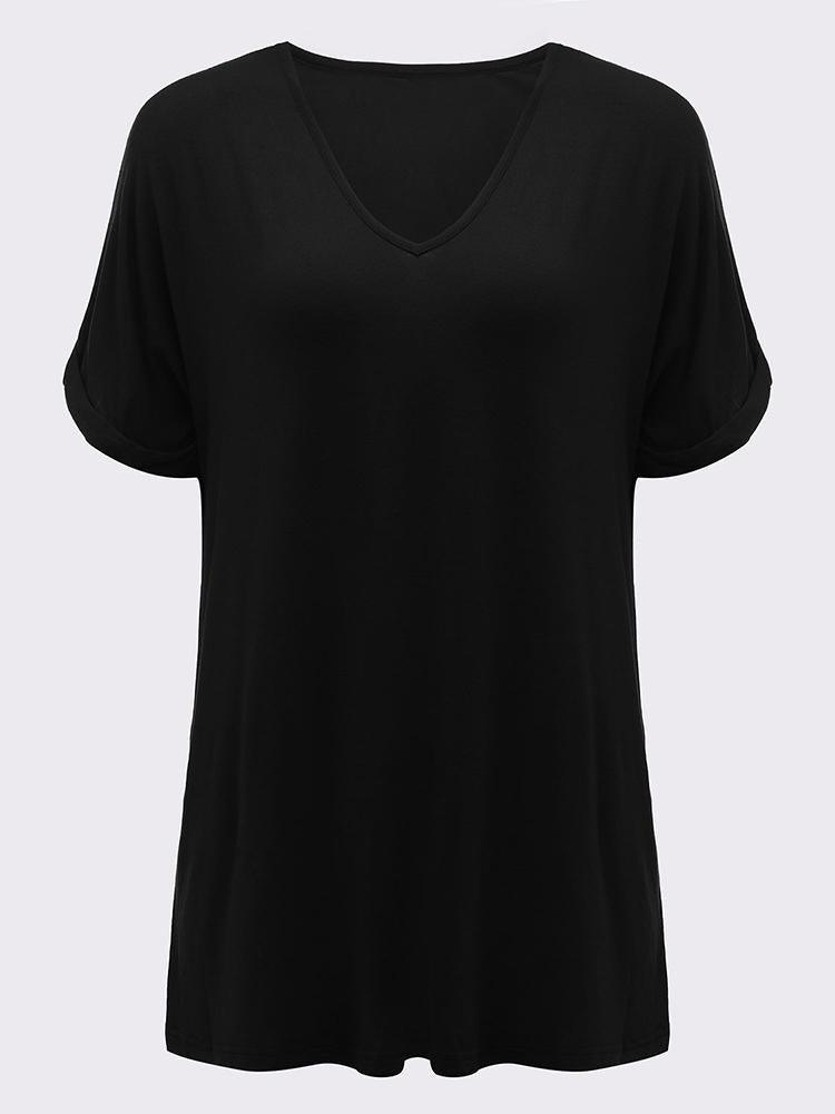 Women Loose Batwing Sleeve Pure Color V-Neck A-Line Blouse - Trendha