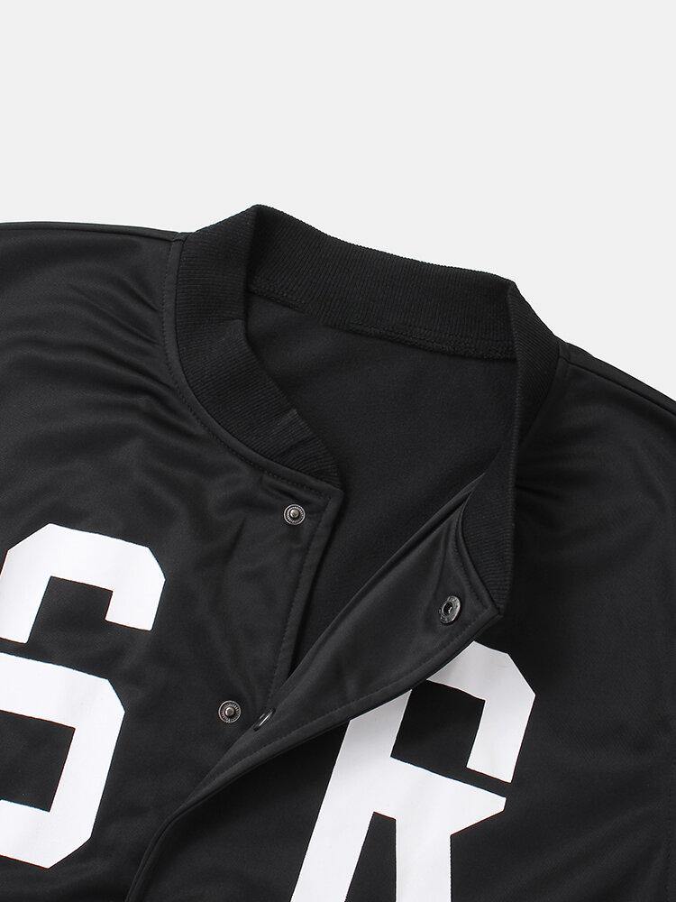 Mens Letter Print Baseball Collar Pocket Long Sleeve Sport Jacket - Trendha