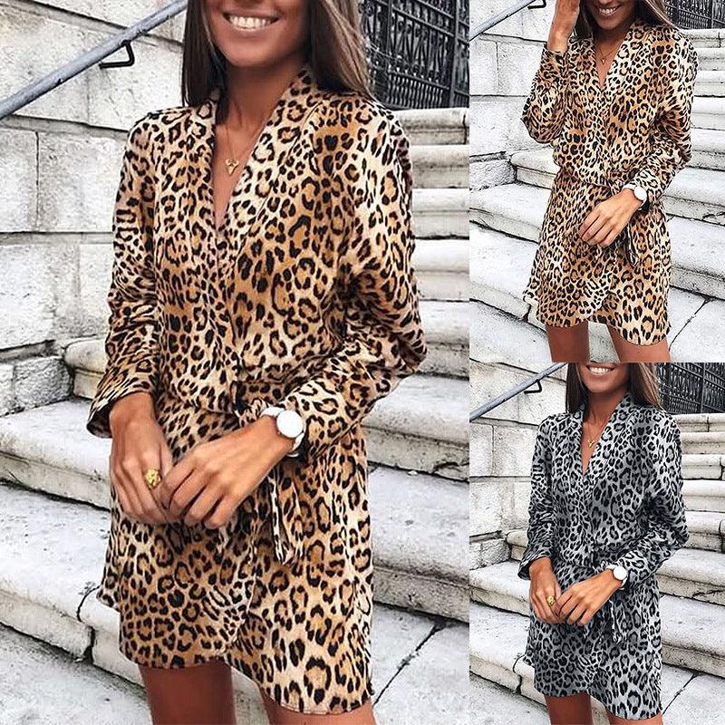 Leopard Print Long Sleeve V-Neck Irregular Dress - Trendha