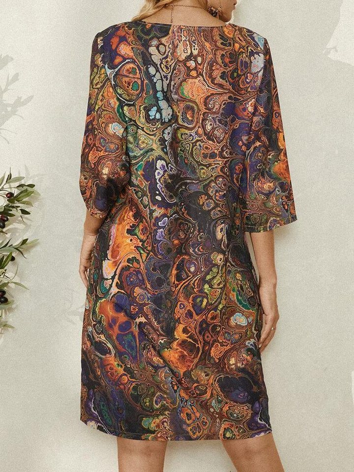 Women Multi-Color Vintage Print 3/4 Sleeve V-Neck Dress With Pocket - Trendha