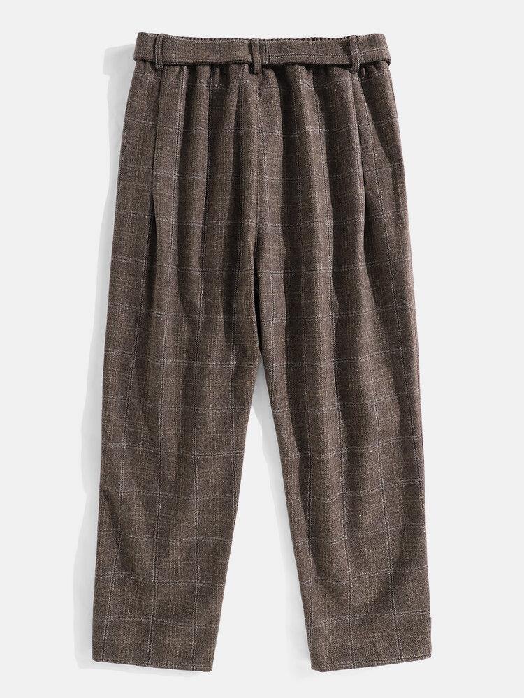 Mens Plaid Vintage Zipper Fly Belted Casual Pants - Trendha