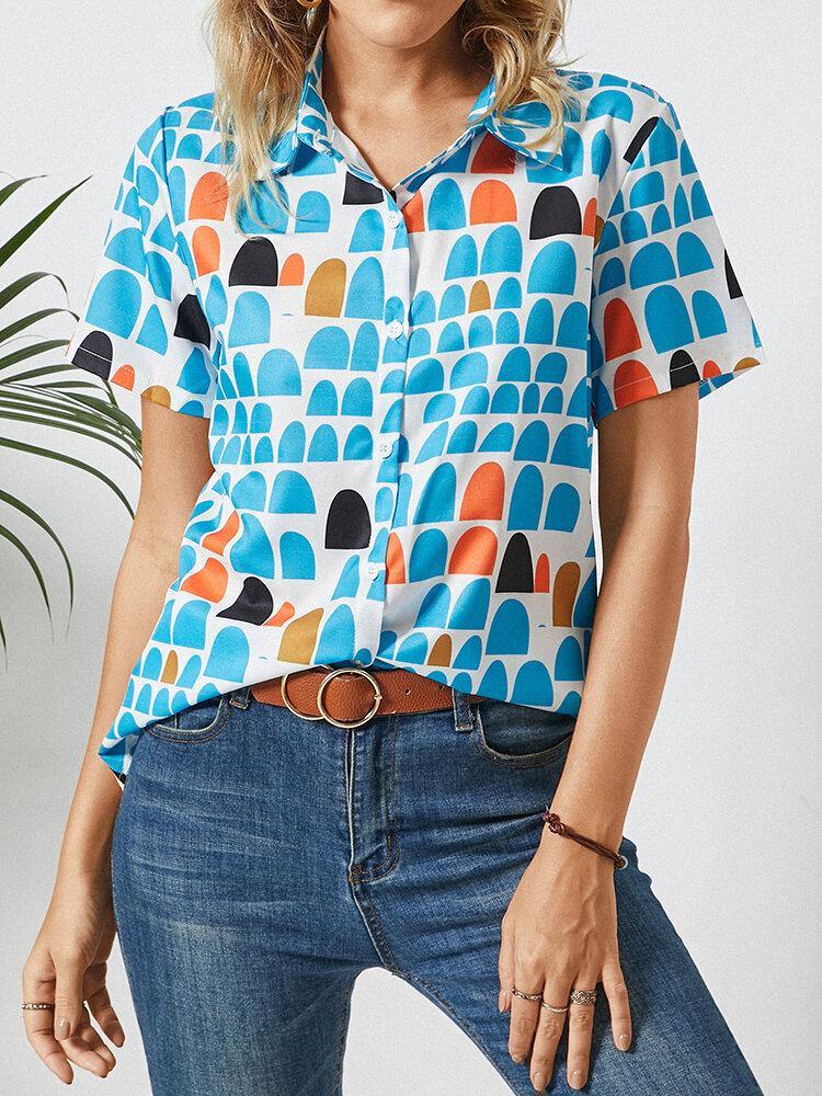 Geometric Print Lapel Short Sleeve Button Blouse For Women - Trendha