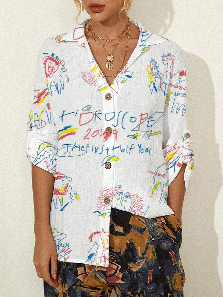 Graffiti Print Long Sleeve Button Lapel Casual Blouse For Women - Trendha