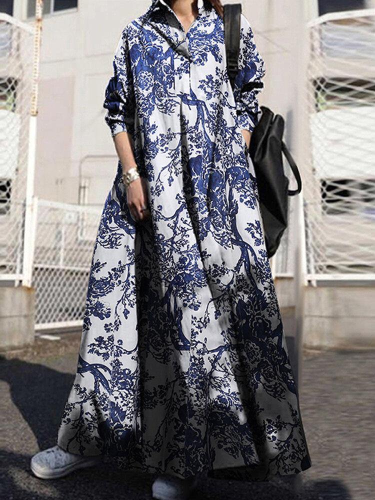 Women Retro Turn-down Collar Long Sleeve Vintage Shirt Maxi Dress With Pocket - Trendha