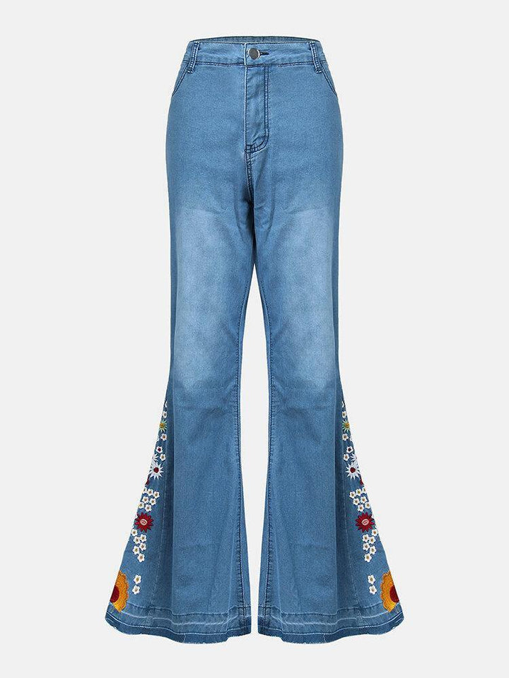 Women Floral Embroidery Stylish Casual Bell-Bottom Jeans With Pockets - Trendha