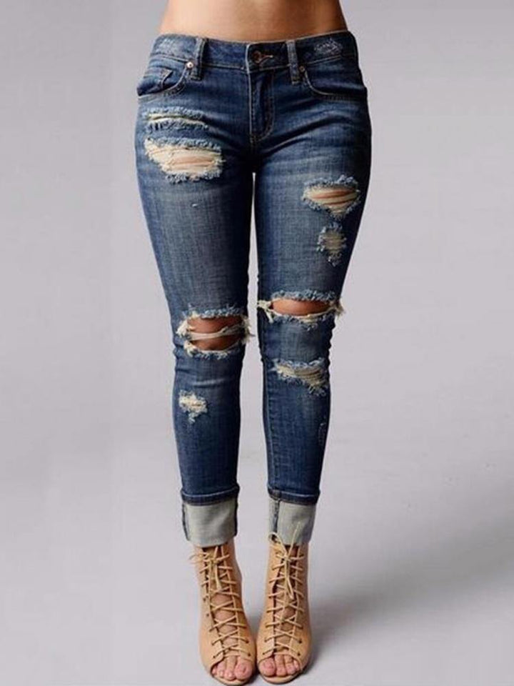 Solid Color Casual Jeans with Ripped Detailing and Zipper Fly - Trendha