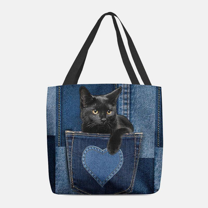 Women Felt Cute 3D Three-dimensional Black Cat Inside Jeans Pattern Shoulder Bag Handbag Tote - Trendha