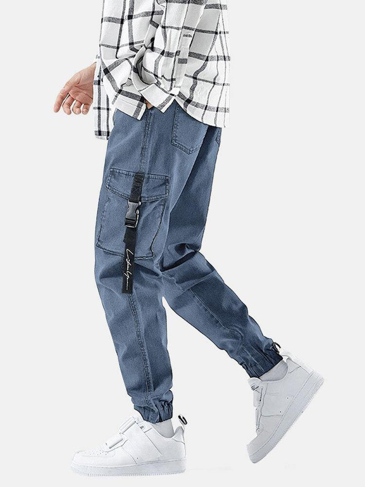 Mens Multi-Pocket Casual Elastic Cuffs Drawstring Beam Feet Pants Jeans - Trendha