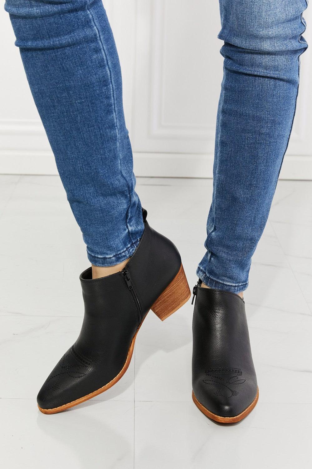 MMShoes Trust Yourself Embroidered Crossover Cowboy Bootie in Black - Trendha