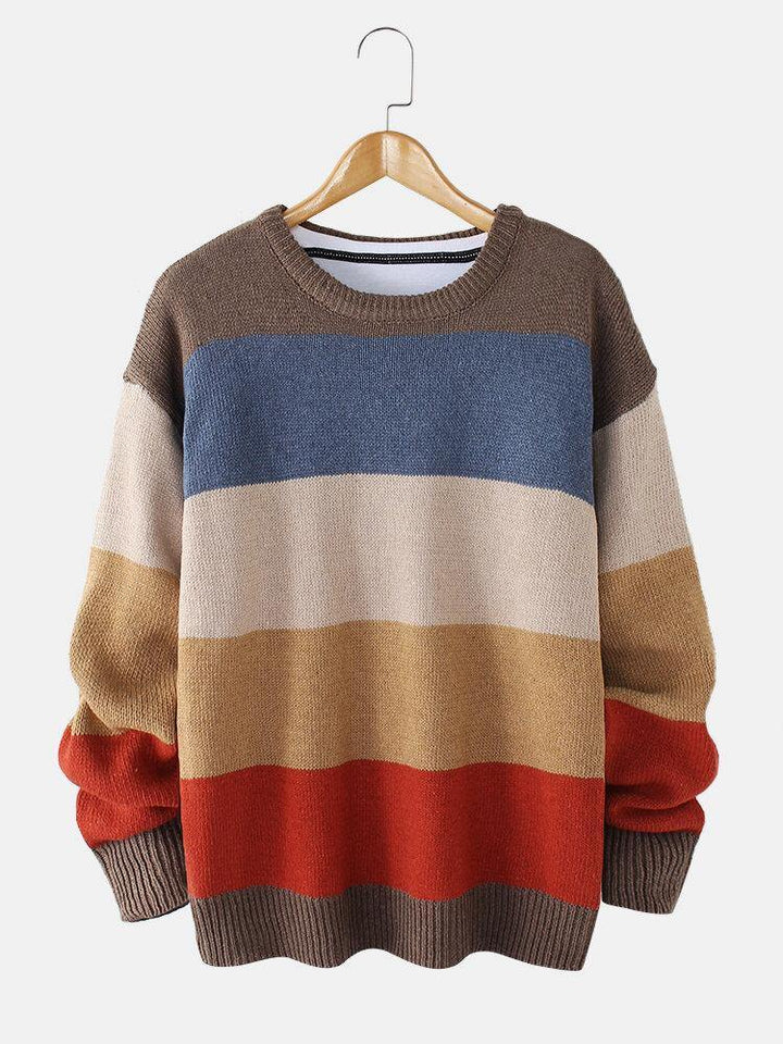 Mens Striped Knitting Round Neck Long Sleeve Warm Sweaters - Trendha