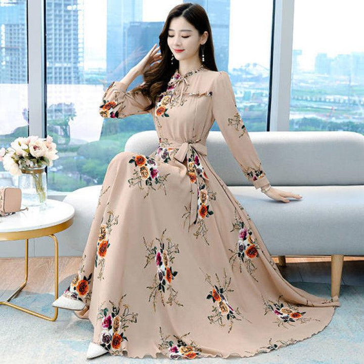 Women's Long-sleeved Waist Slimming Printed Dress - Trendha