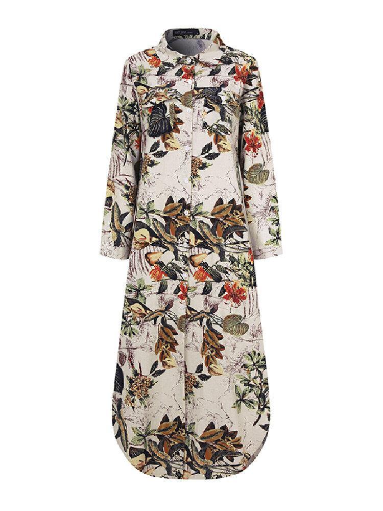 Women Cotton Flower Print Loose Casual Maxi Shirts Dress with Front Pockets - Trendha