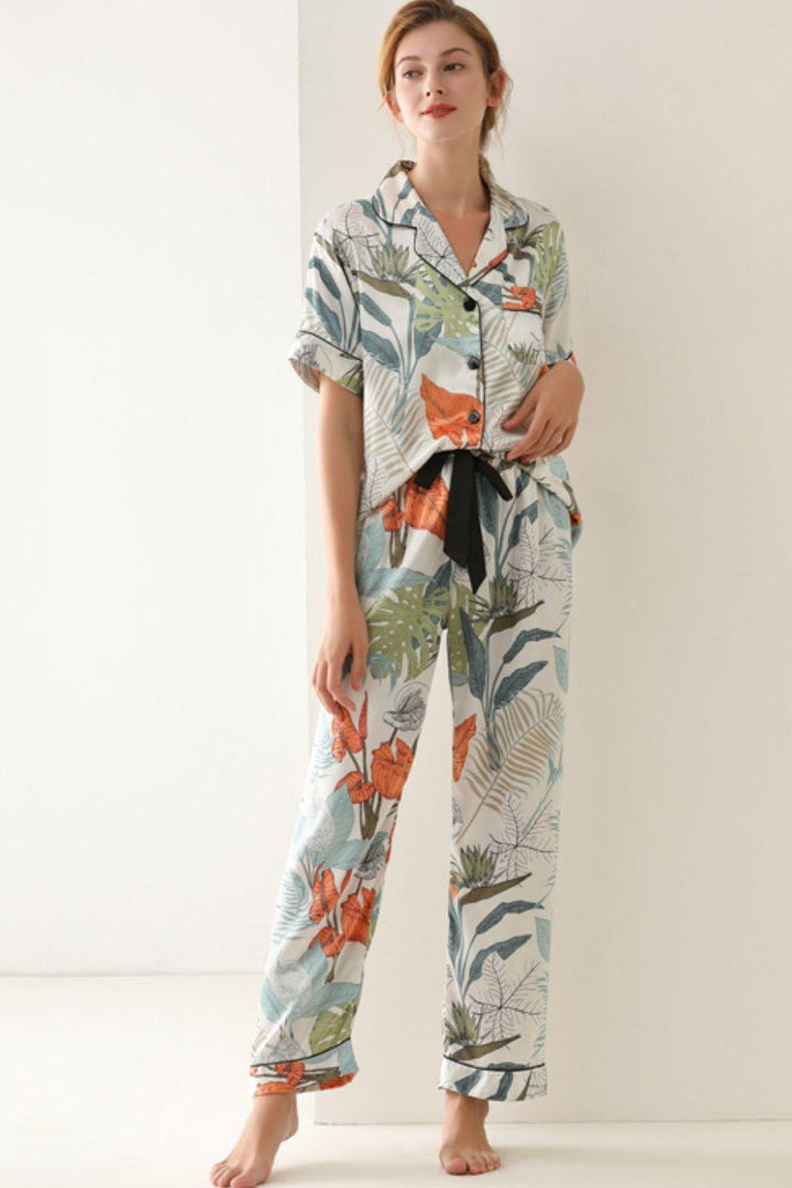 Botanical Print Button-Up Top and Pants Pajama Set - Trendha