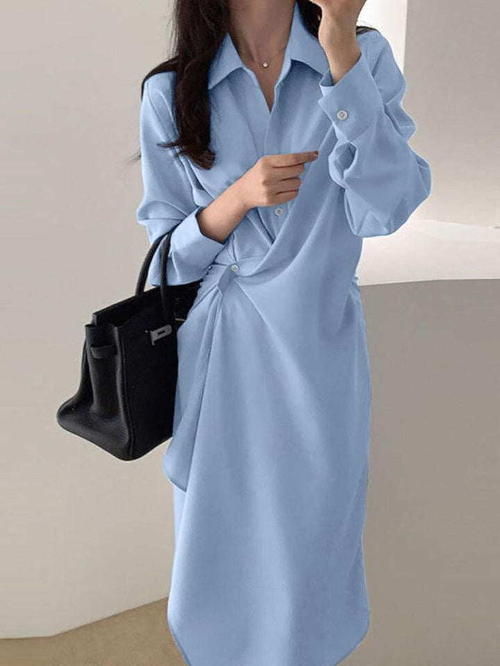 Pure Color Turn-down Collar Long Sleeve Button Irregular Hem Shirt Dress - Trendha