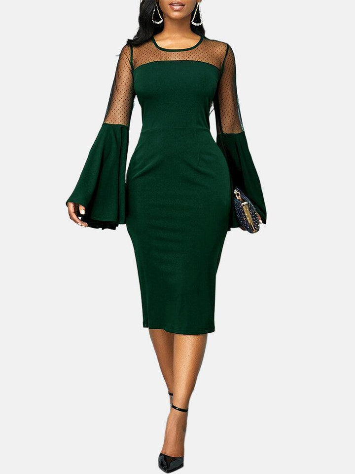 Women Solid Color Stitching Bell Sleeve Party Bodycon Midi Dress - Trendha