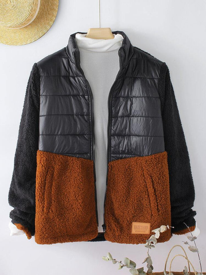 Women Fleece Patchwork Stand Collar Thick Casual Warm Coats - Trendha