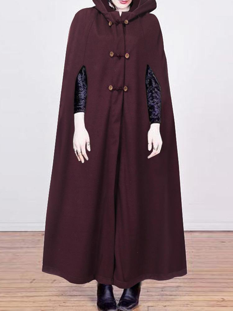 Women Casual Pure Color Button Hooded Cloak Coats - Trendha