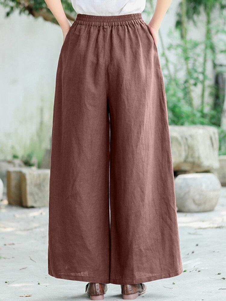 Women Contrast Frog Button Design Elastic Waist Casual Wide Leg Pants With Pocket - Trendha