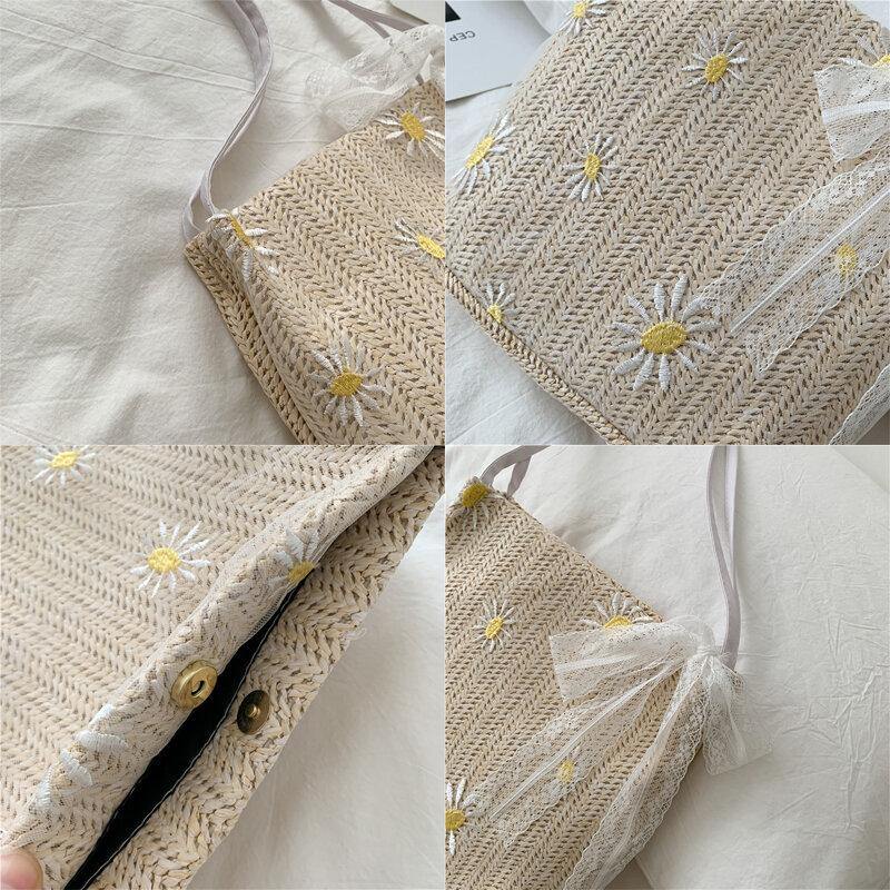 Women Straw Lace Daisy Sunflower Pattern Print Large Capacity Shoulder Bag Handbag - Trendha