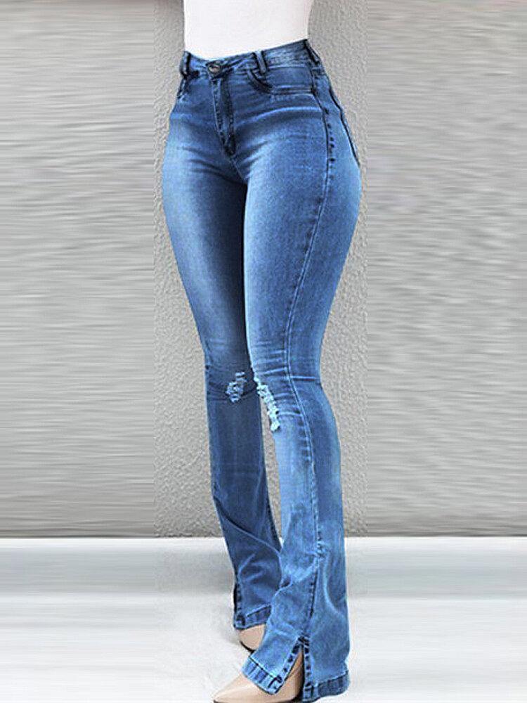 3 Colors Women Hollow Ripped Flare Jeans - Trendha