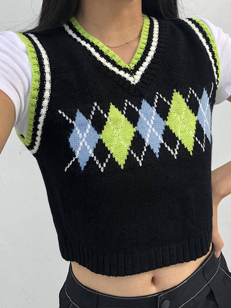 Women Geometry Graphics V-Neck Crop Sleeveless Knitted Sweater Vest - Trendha