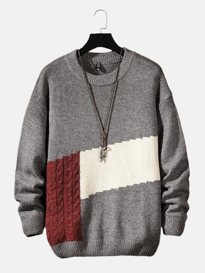 Mens Color Block Patchwork Crew Neck Knit Pullover Casual Sweaters - Trendha