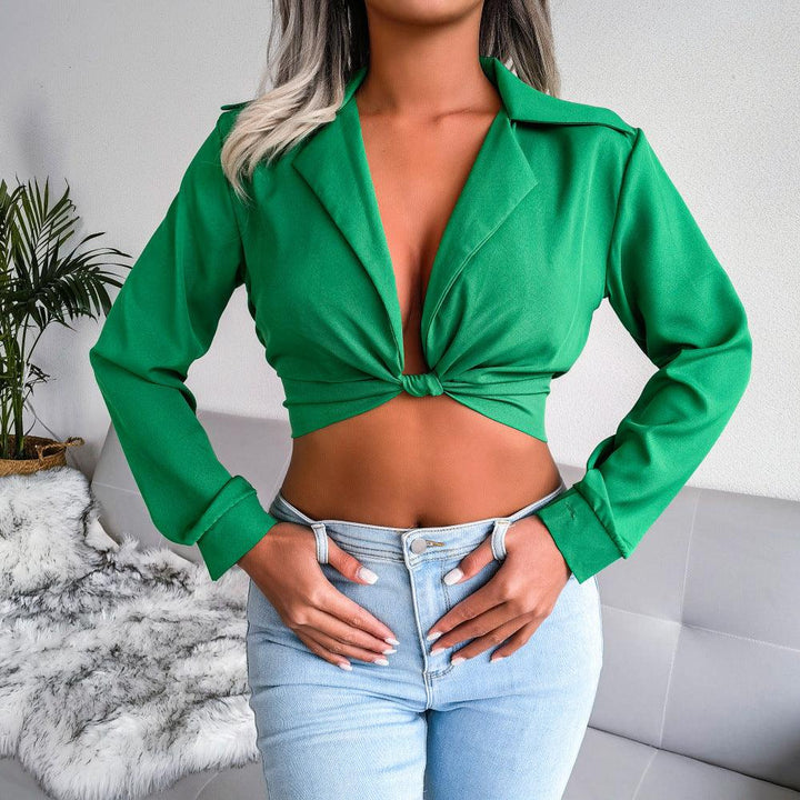 Knot Detail Collared Cropped Top - Trendha