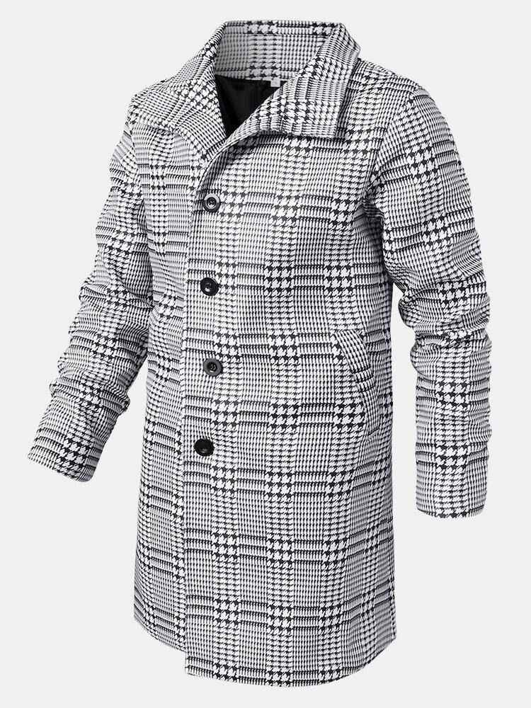 Mens Houndstooth Lapel Single-Breasted Mid-Length Trench Coats - Trendha