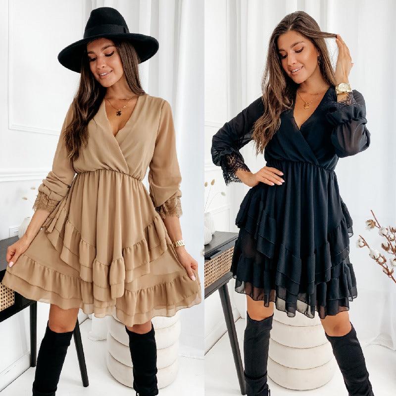 Turtleneck Long Sleeve V-Neck Ruffle Skirt Chiffon Dress - Trendha