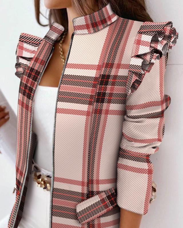 Stylish Check Leopard Print Zip Ruffle Shoulder Jacket for Women - Trendha