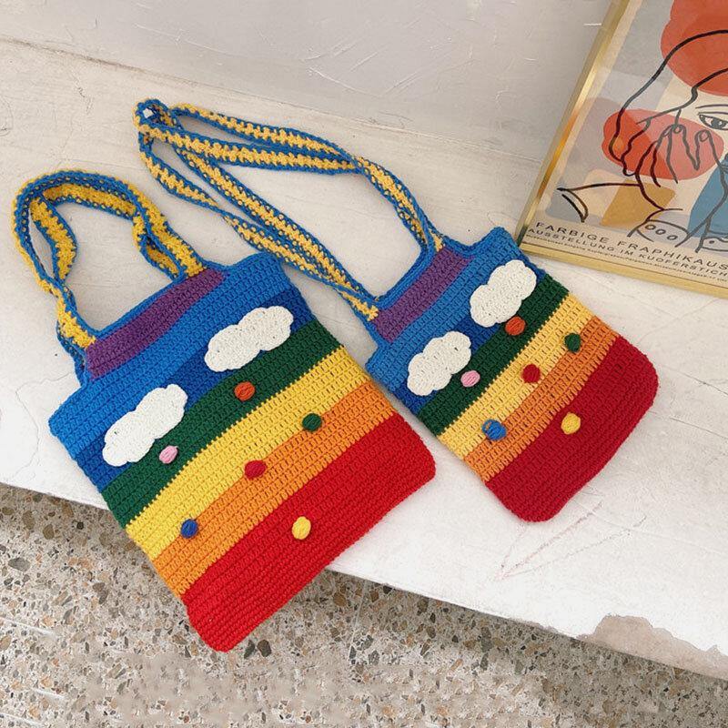 Women Rainbow Stripe Cartoon Cute Casual Youth Wool Knitted Bag Handbag Tote Crossbody Bag - Trendha