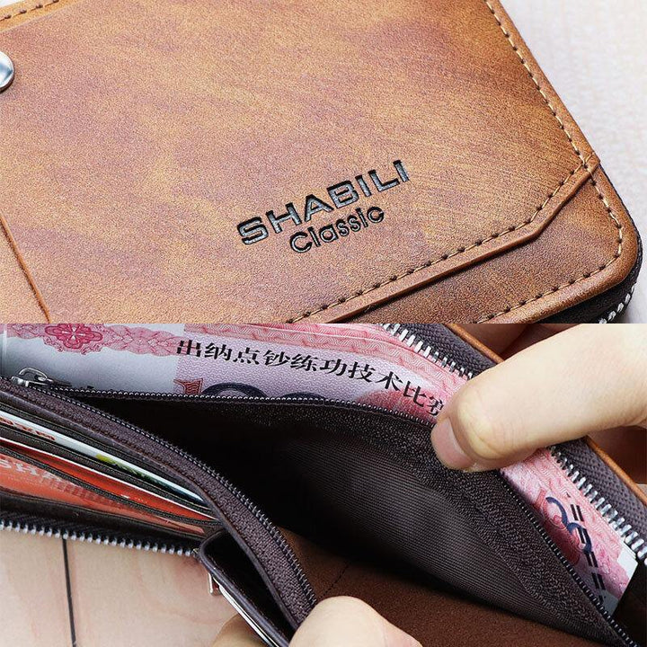 Men Faux Leather Retro Classical Draw Card Slot Bifold Zipepr Card Holder Wallet - Trendha