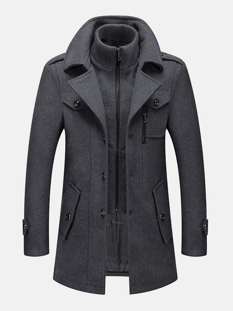 Mens Woolen Double Collar Thick Single-Breasted Casual Warm Overcoat ...