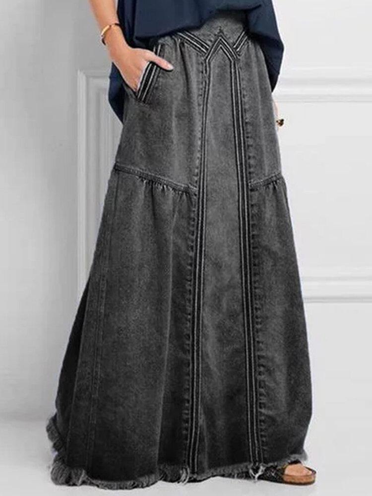 Women Distressed Solid Color Elastic Waist Loose Denim Skirt With Pocket - Trendha