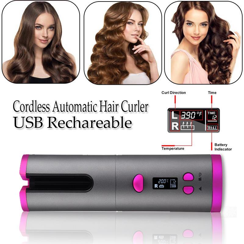 Automatic Hair Curler Curling Iron Wireless Ceramic USB Rechargeable With LED Digital Display - Trendha