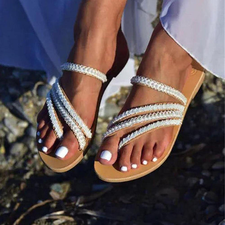 Women Pearl Series Woven Band Decoration Clip Toe Beach Casual Flat Sandals - Trendha
