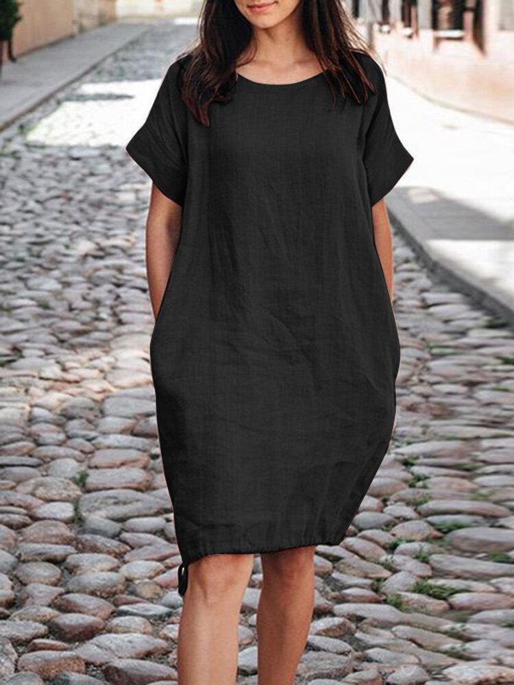 100% Cotton O-Neck Solid Casual Dress With Side Pocket For Women - Trendha