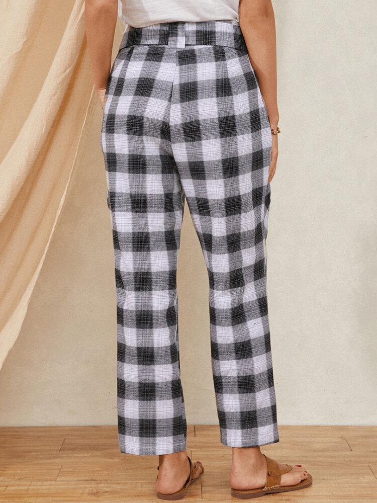 Plaid Print Knotted Pocket High Waist Loose Casual Pants For Women - Trendha