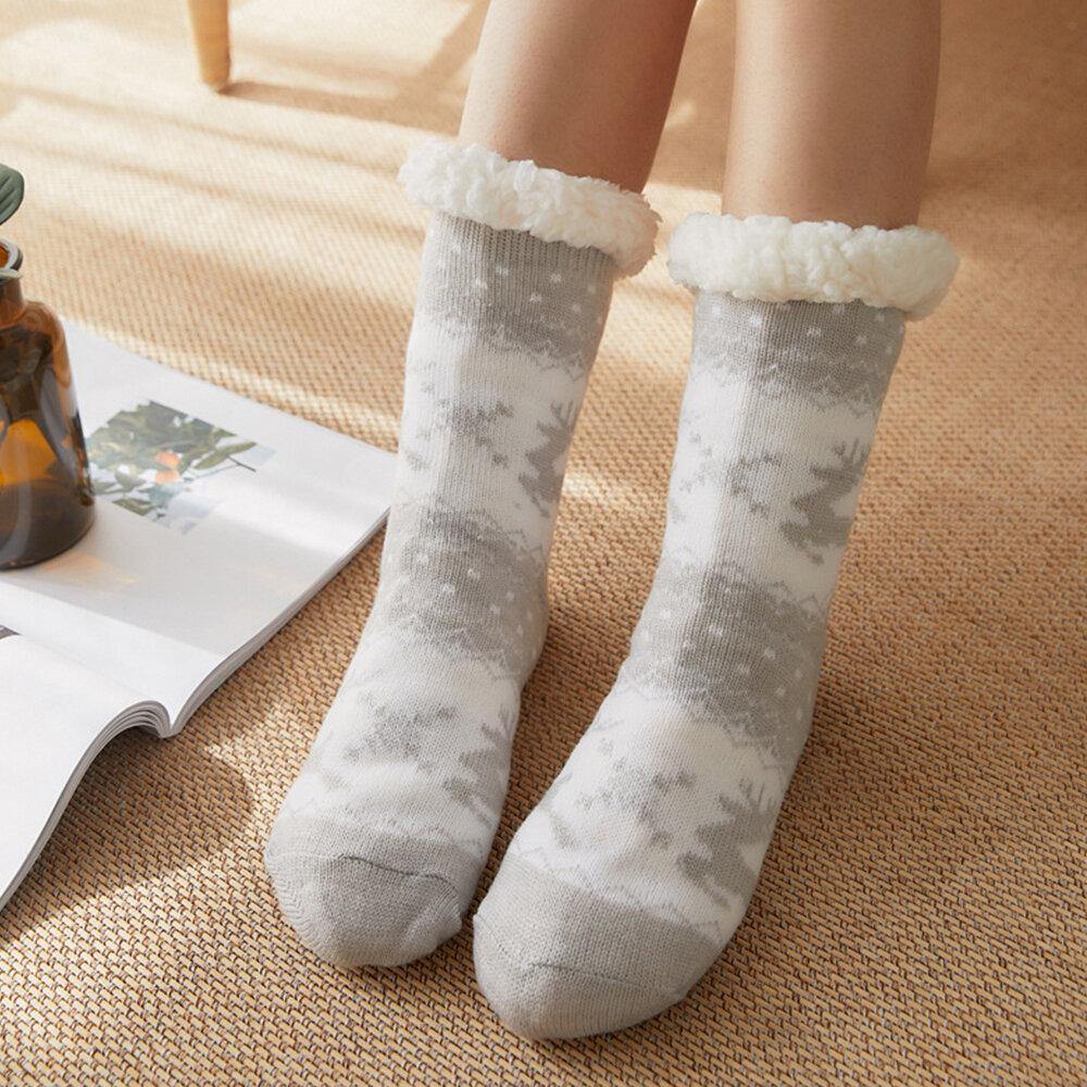 Women Warm Winter Outdoor Christmas Style Elk Snowflake Pattern Plus Velvet Thicken Home Sleep Socks Tube Socks - Trendha