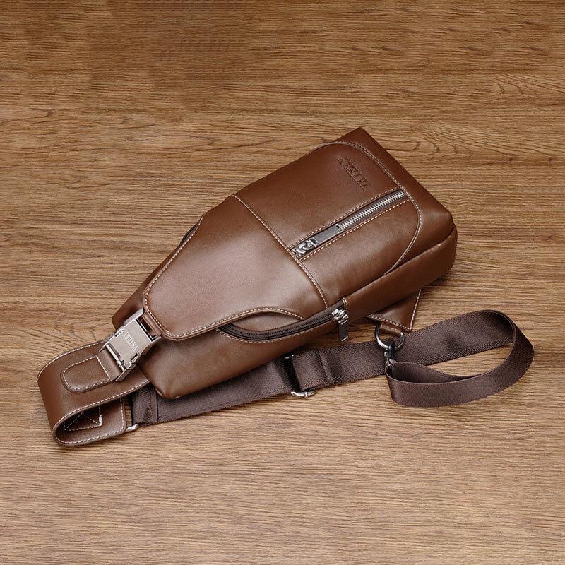 Men PU Leather Casual Multifunction Earphone Hole Crossbody Bag Chest Bag - Trendha