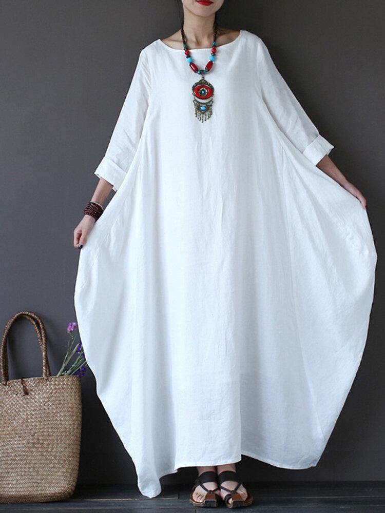Women 100% Cotton Solid Baggy Pockets Summer Maxi Dress - Trendha