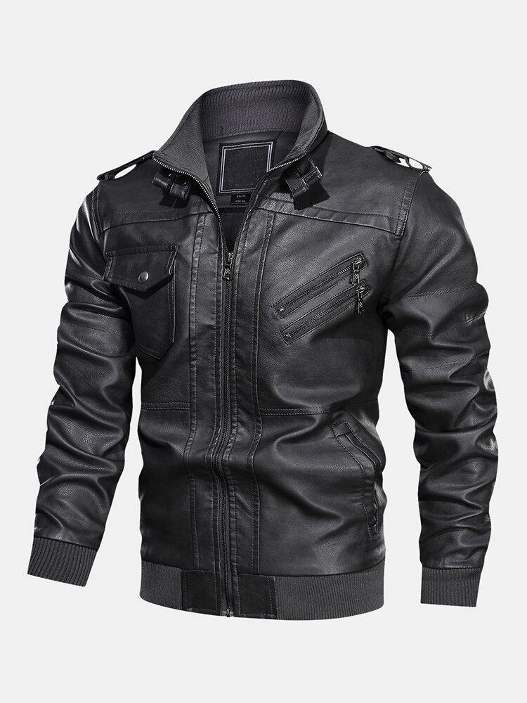 Mens Solid Color PU Leather Zip Front Biker Jackets With Multi Pockets - Trendha