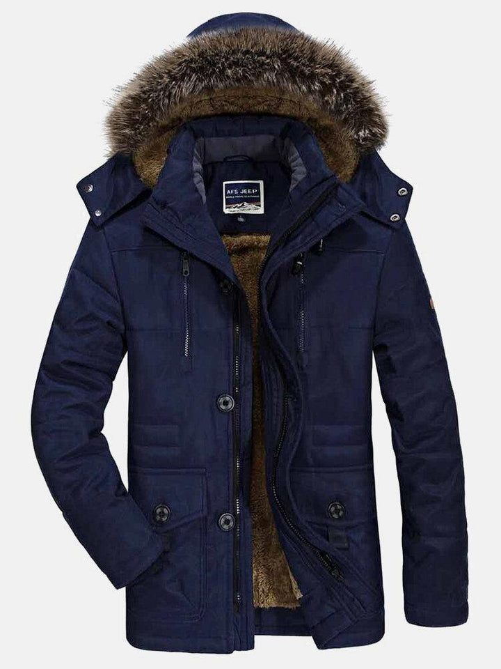 Mens Fleece Lined Multi Pocket Faux Fur Collar Detachable Hooded Coat - Trendha