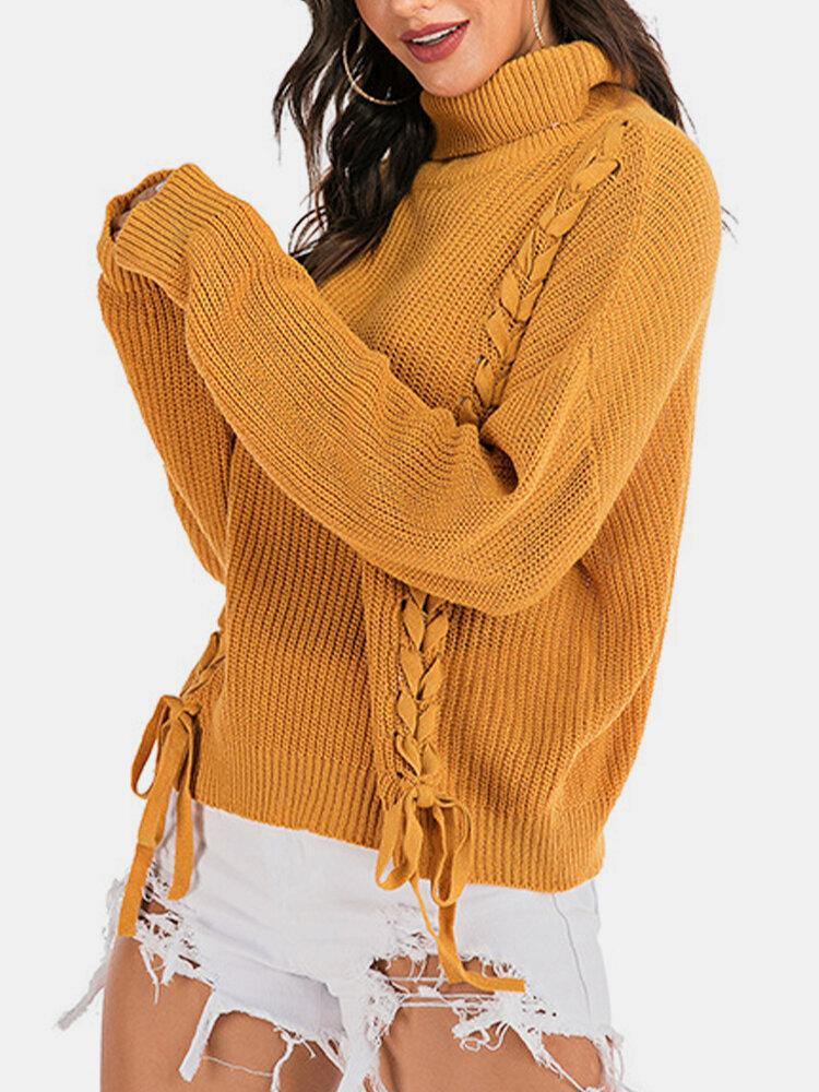 Women Bandage High Neck Pullover Warm Yellow Knitting Sweaters - Trendha