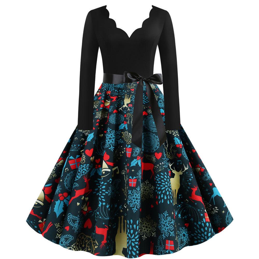 Casual Women's Long Sleeve Printed V-Neck Dress - Trendha